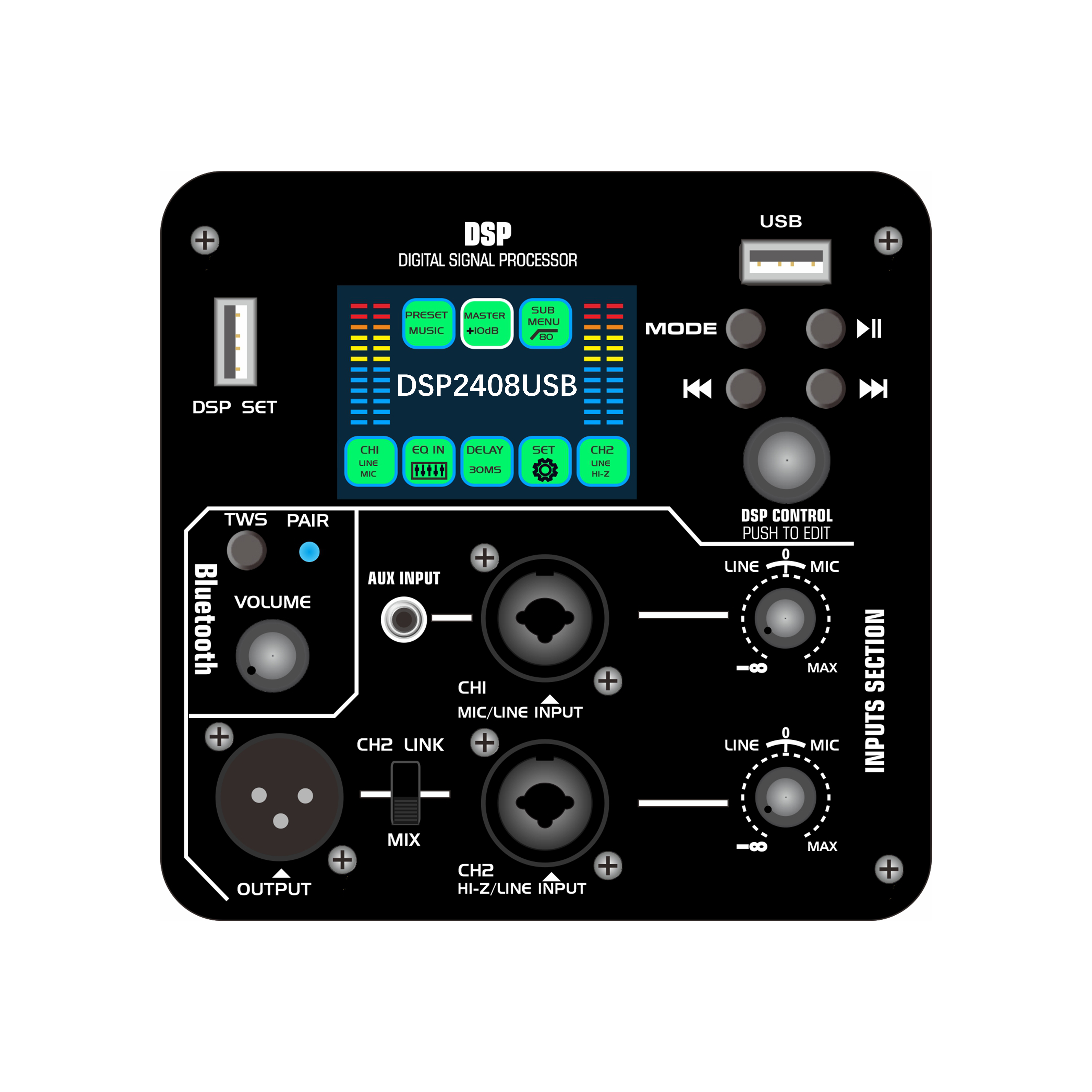 DSP2408USB Scáileán datha amplifier cumhachta gníomhach DSP le feidhm athsheinm fuaime tiomáint USB